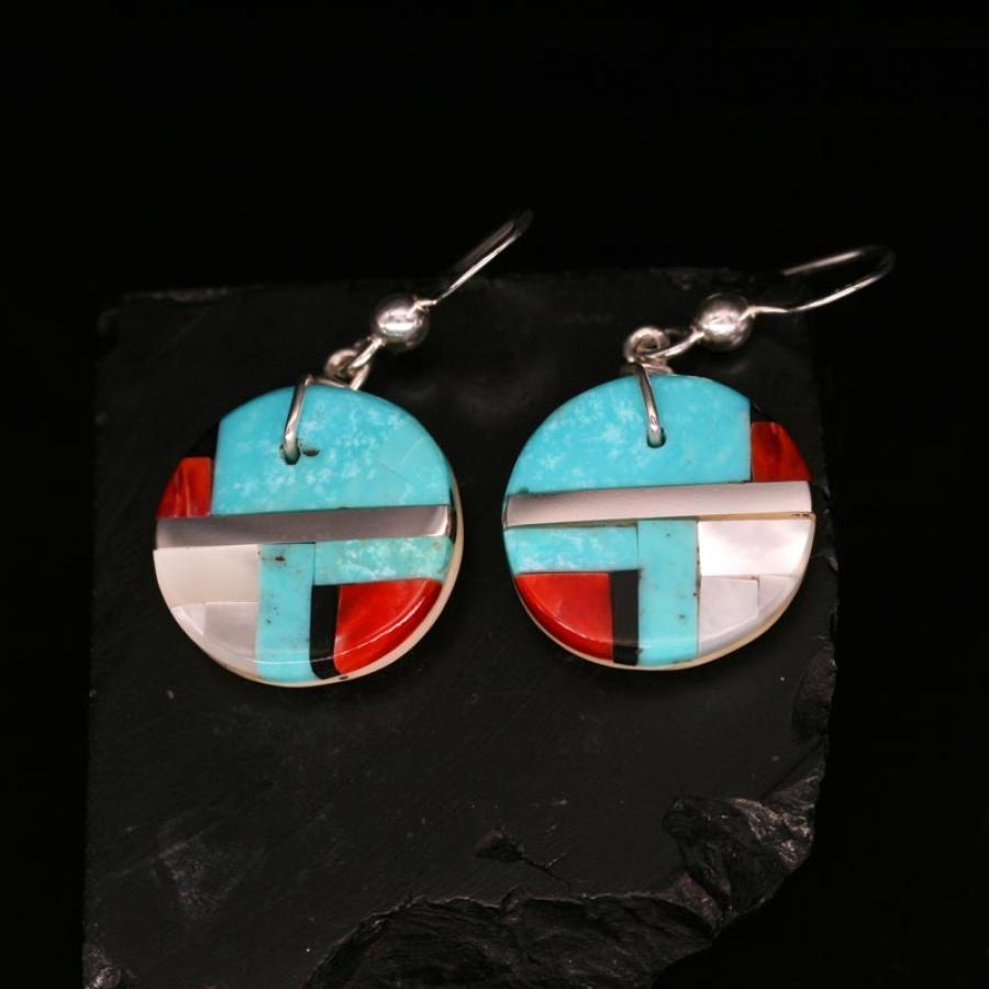 Round Turquoise Coral Inlay Earrings By Stephanie Medina Rainmaker